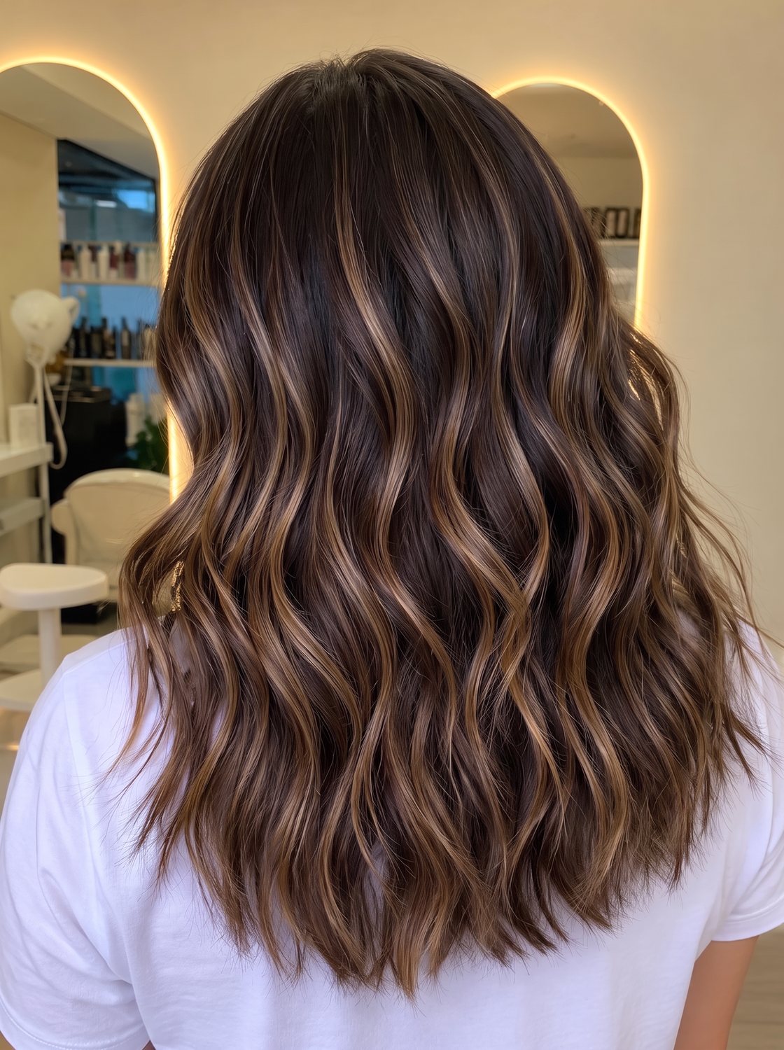 Melena castaña con balayage caramelo y ondas suaves, vista de espaldas